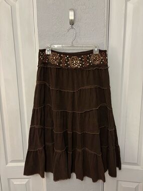 Vintage Y2K Brown Corduroy Tiered Midi Skirt Beaded Embellished Size M Boho
